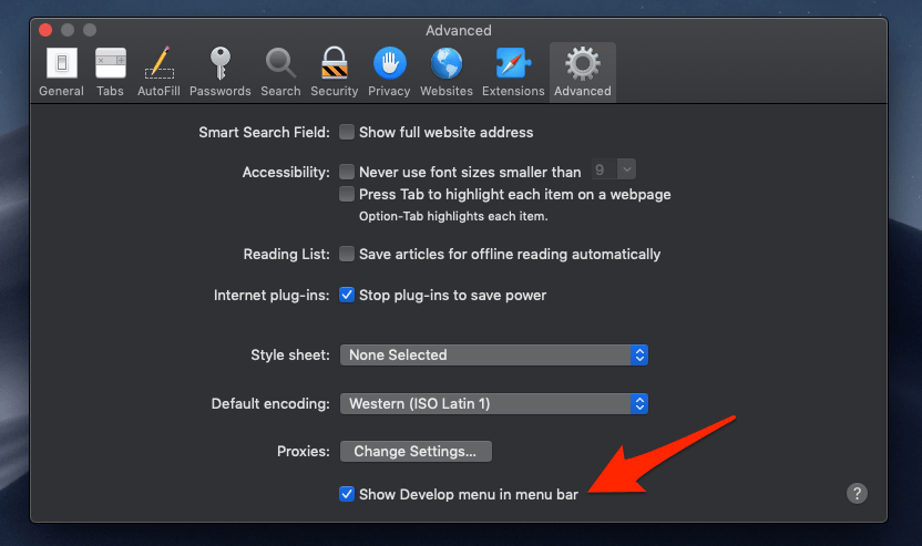 Apple Safari Advanced Preference Show Develop Menu