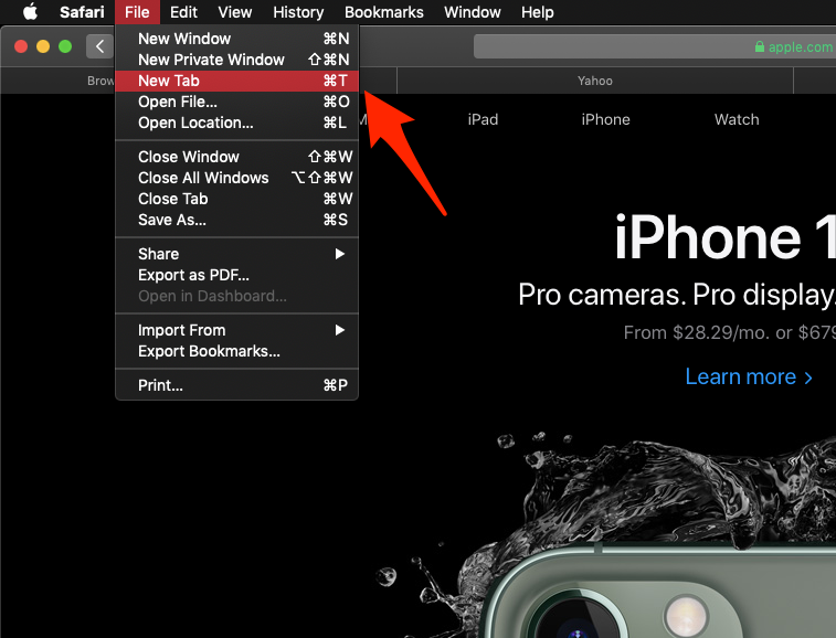 Apple Safari New Tab File Menubar
