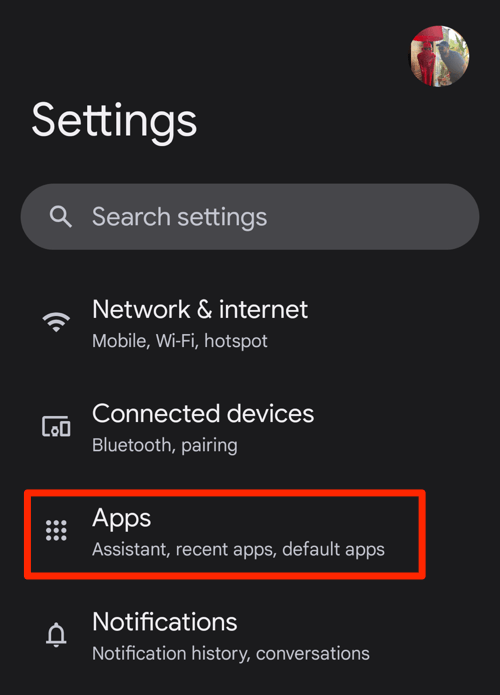 Apps menu in Android Phone Settings screen