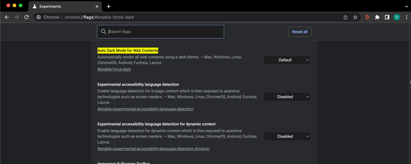 Auto Dark Mode for Web Contents Chrome Flag