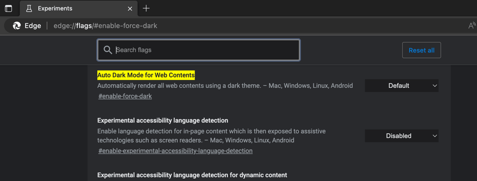 Auto Dark Mode for Web Contents Edge Flag