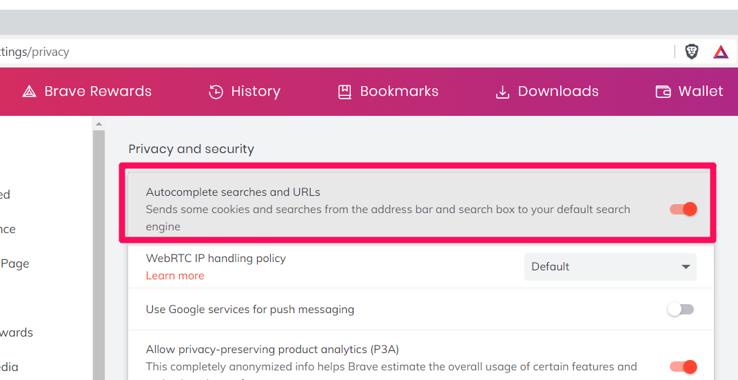 Autocomplete search and URL option in Brave Settings
