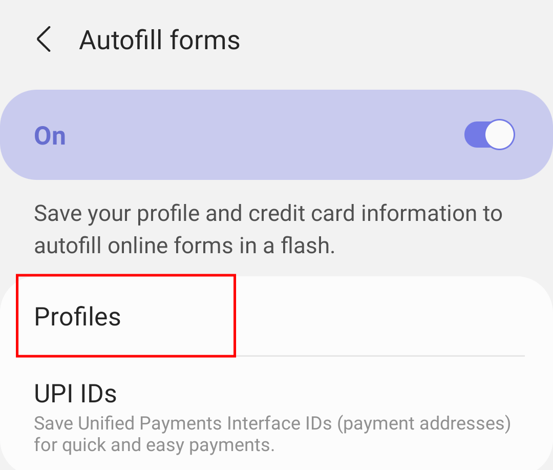 Autofill Profiles Setting in Samsung Internet