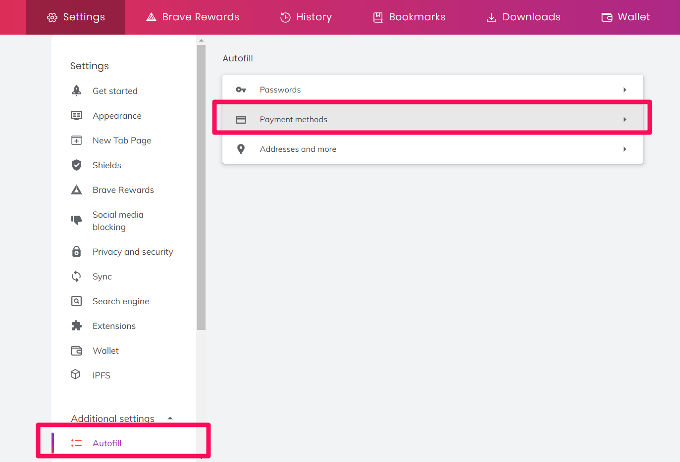 Autofill Payment methods menu in Brave computer browser
