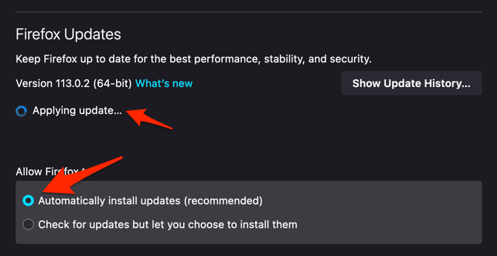 Automatic update install on Mozilla Firefox browser on a computer