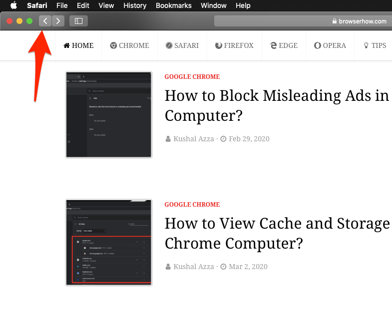 Backward Navigation icon on Safari Computer