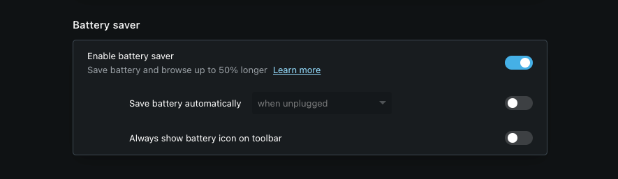 Battery Saver Settings in Opera computer browser