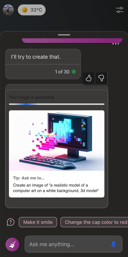 Bing Chat creating AI image for the prompt in Edge for iPhone