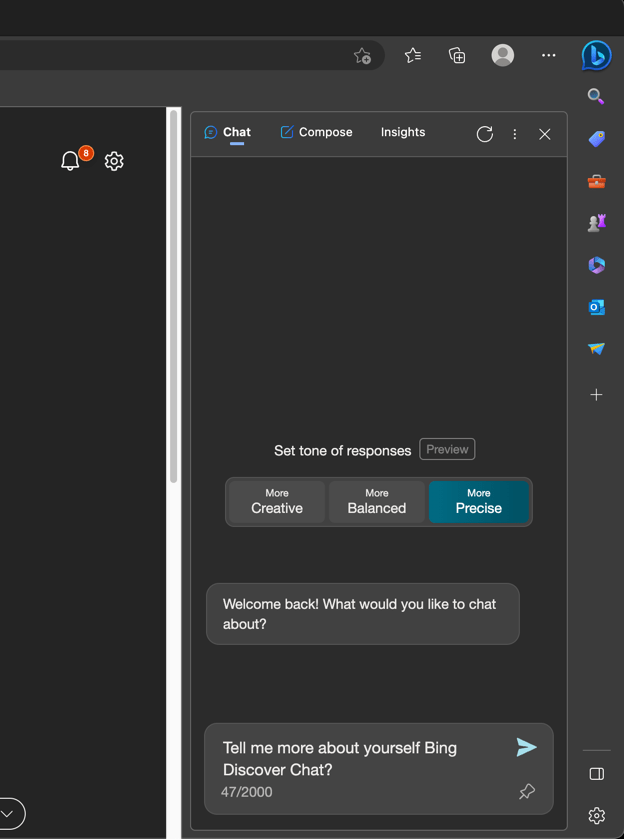 Bing Discover Chat Tone of Responses and Chat Window screen