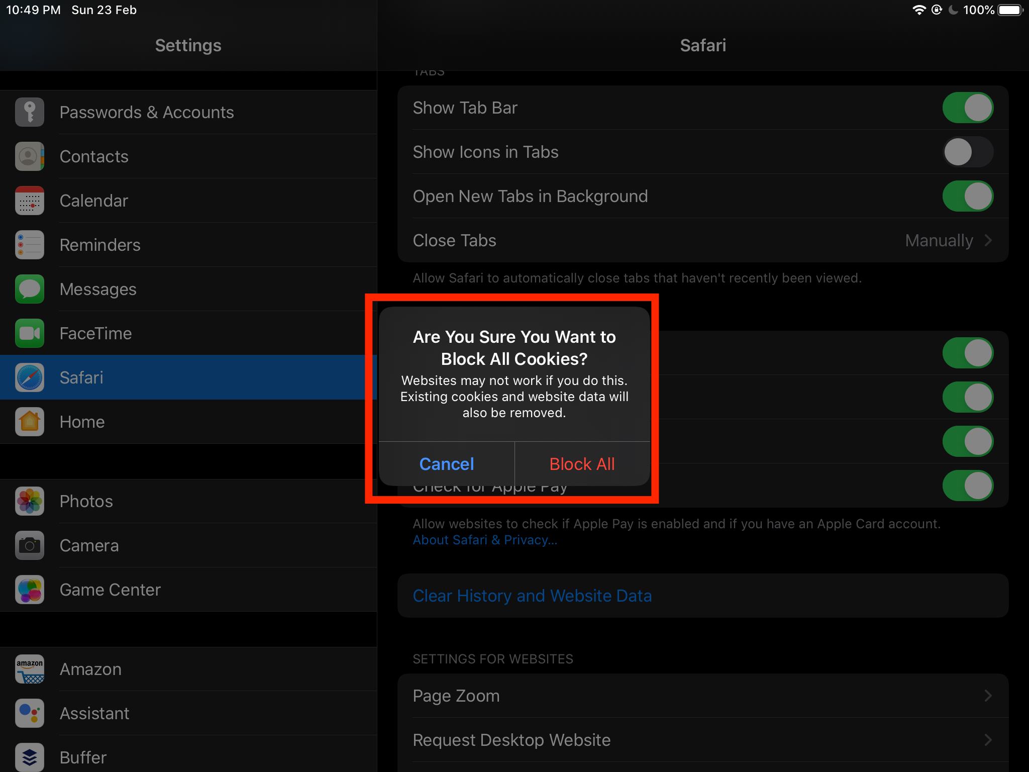 Block All Cookies on Safari browser iPhone or iPad