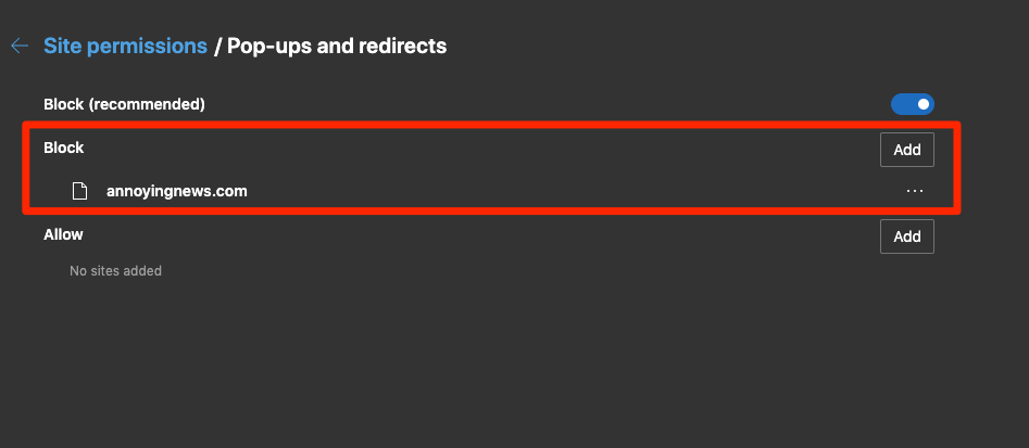 Block A Website from Redirect and Popups in Edge Computer