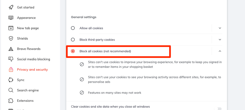 Block all cookies in Brave computer browser