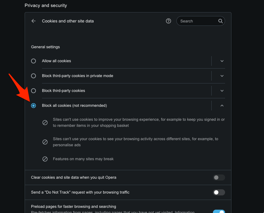 Block all cookies in Opera browser