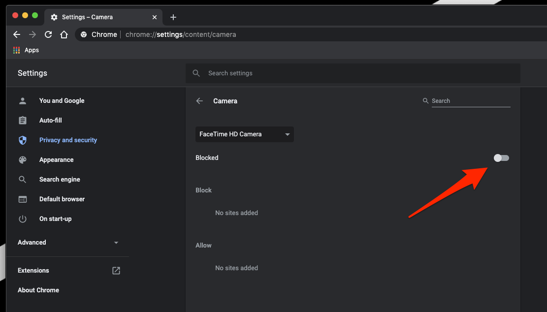 Block camera permissions in chrome computer