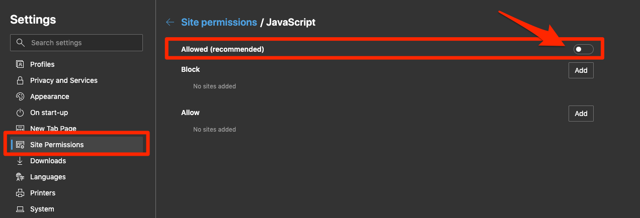 Block JavaScript on Edge Computer Browser