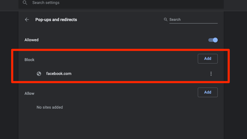 Block pop-ups and redirect for facebook.com in chrome computer