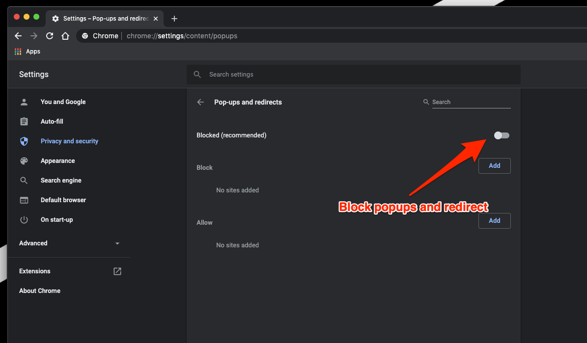 Block pop-ups and redirect in chrome computer