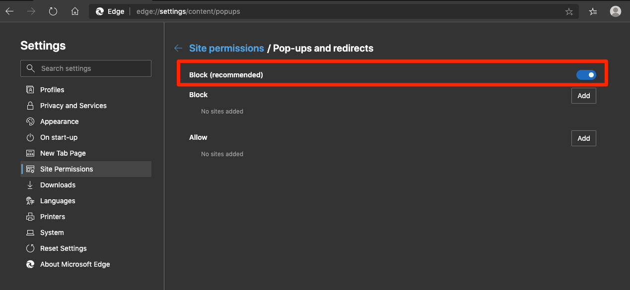 Block Pop-ups and Redirect in Edge Computer Browser
