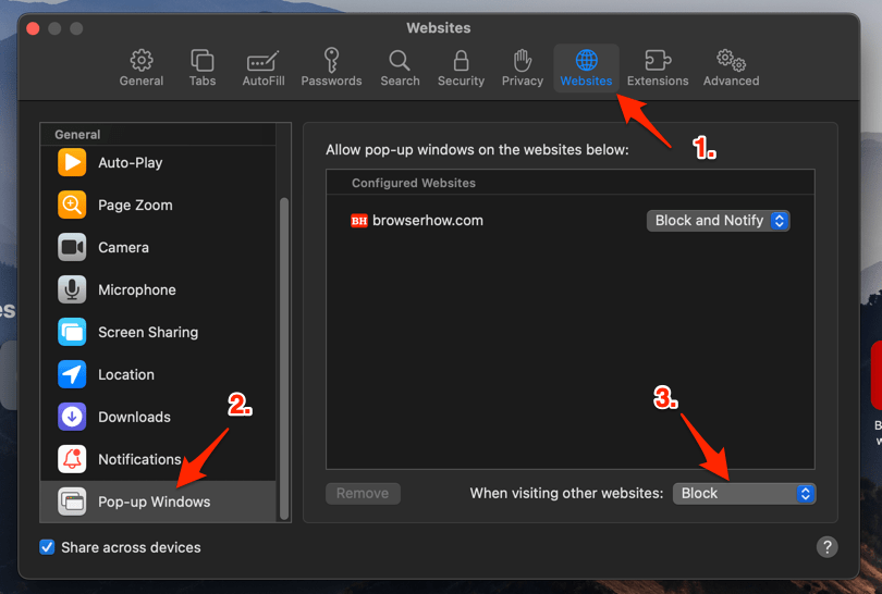 Block Pop-ups Windows on Safari browser
