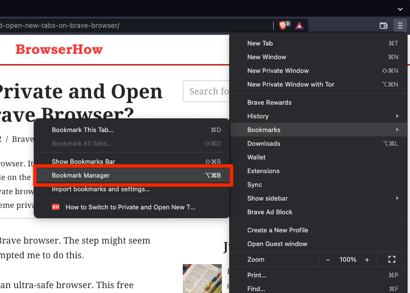 Bookmark Manager Menu in Brave Browser on Computer