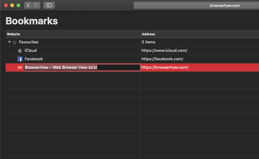 Bookmarks Editor in Apple Safari on Mac