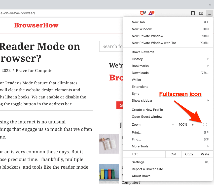 Brave browser fullscreen option under Menu options