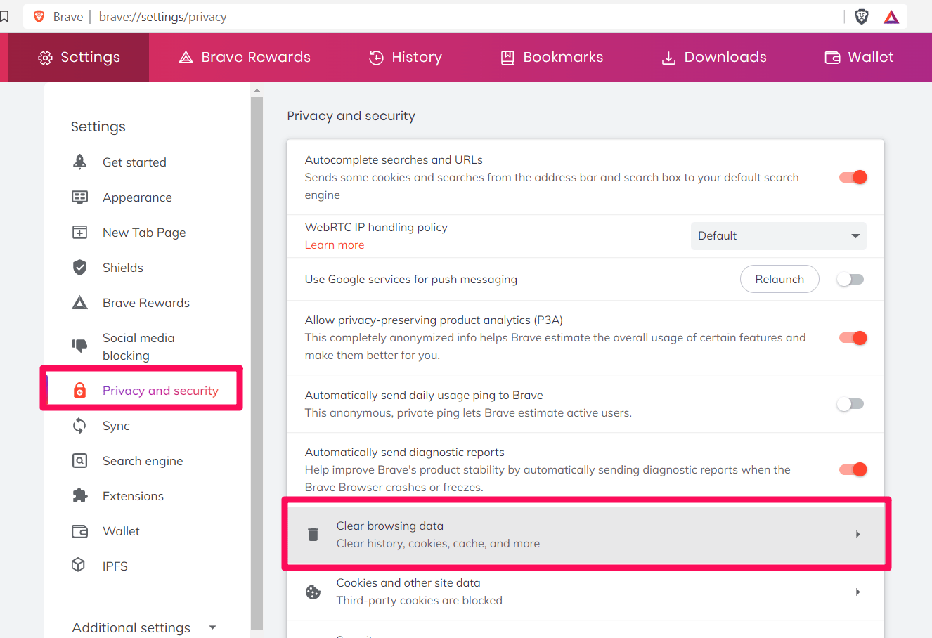 Brave Browser Privacy and Security with Clear browser data tab