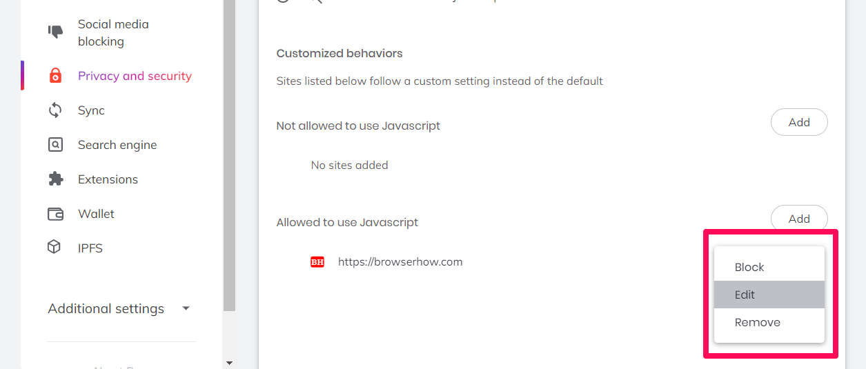 Brave JavaScript setting Customize Behavior More menu settings