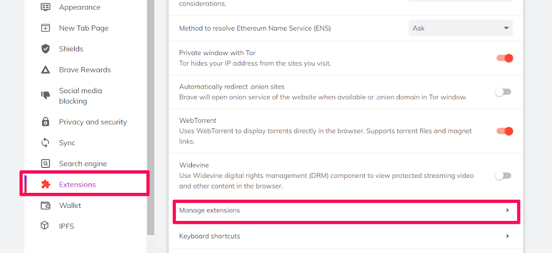 Brave Manage Extensions tab menu in left bar