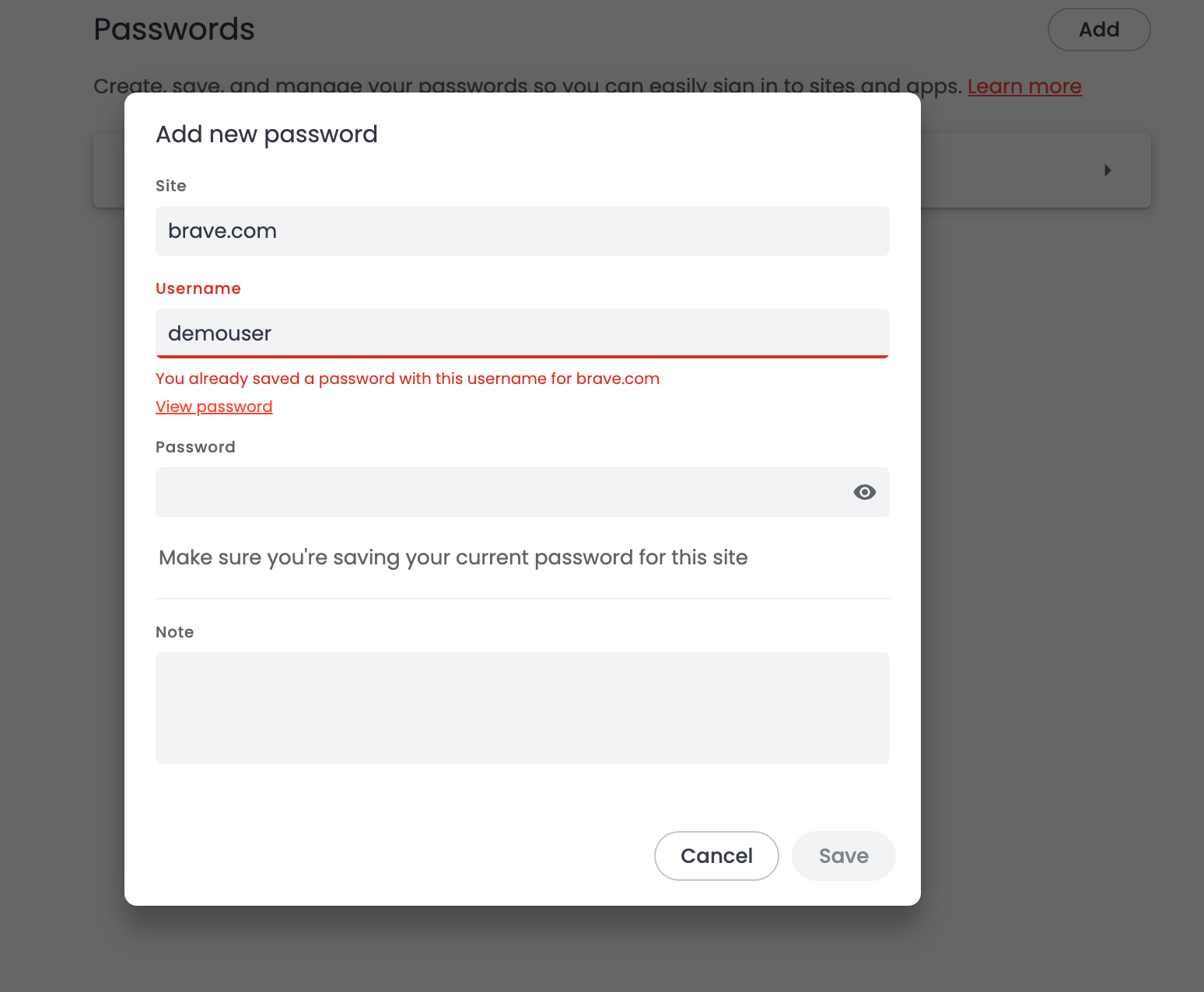 Brave Password Manager duplicate record error