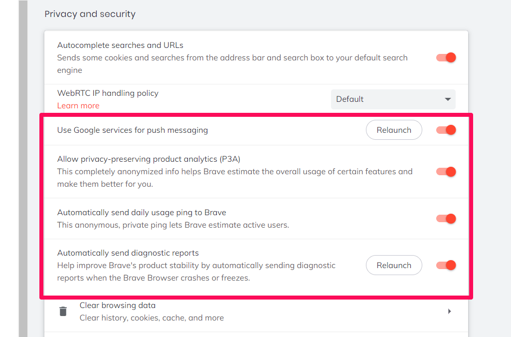Brave Security and Privacy options like Google Push messaging, P3A