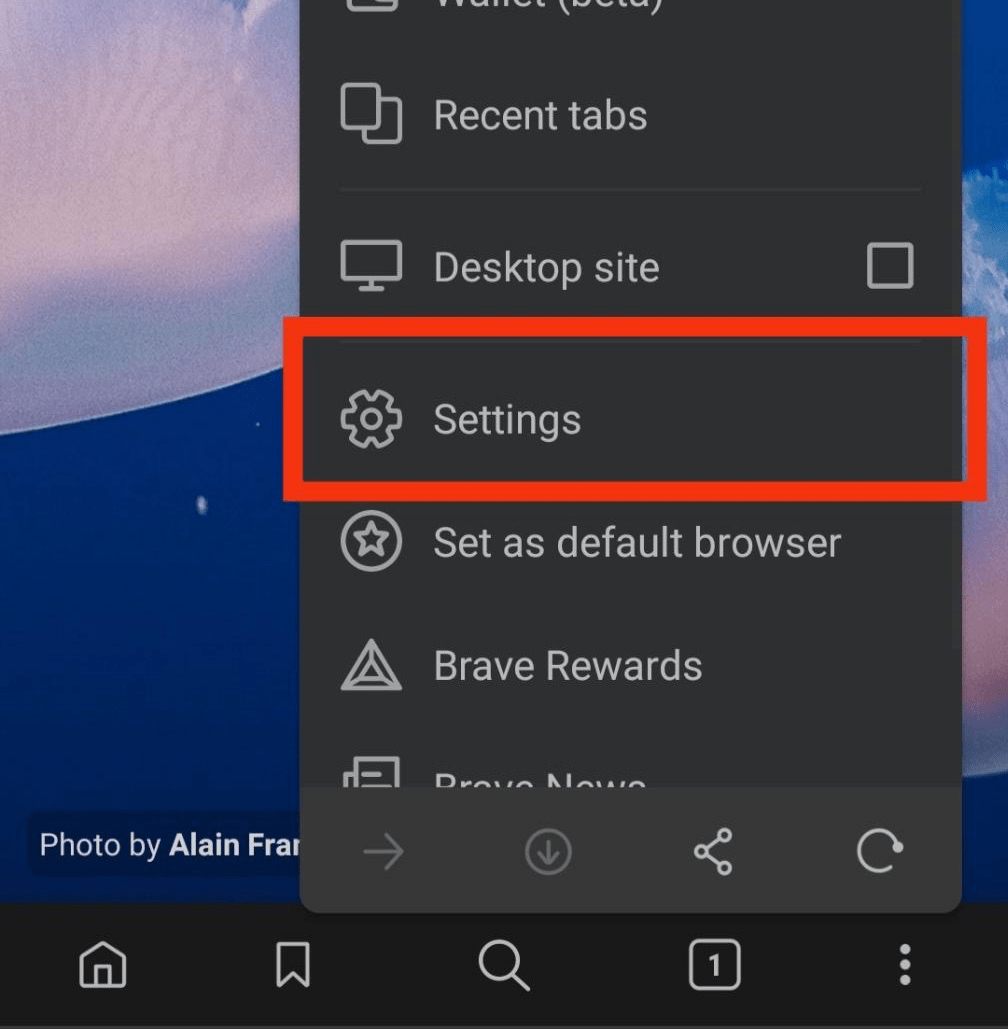Brave Settings menu on Mobile
