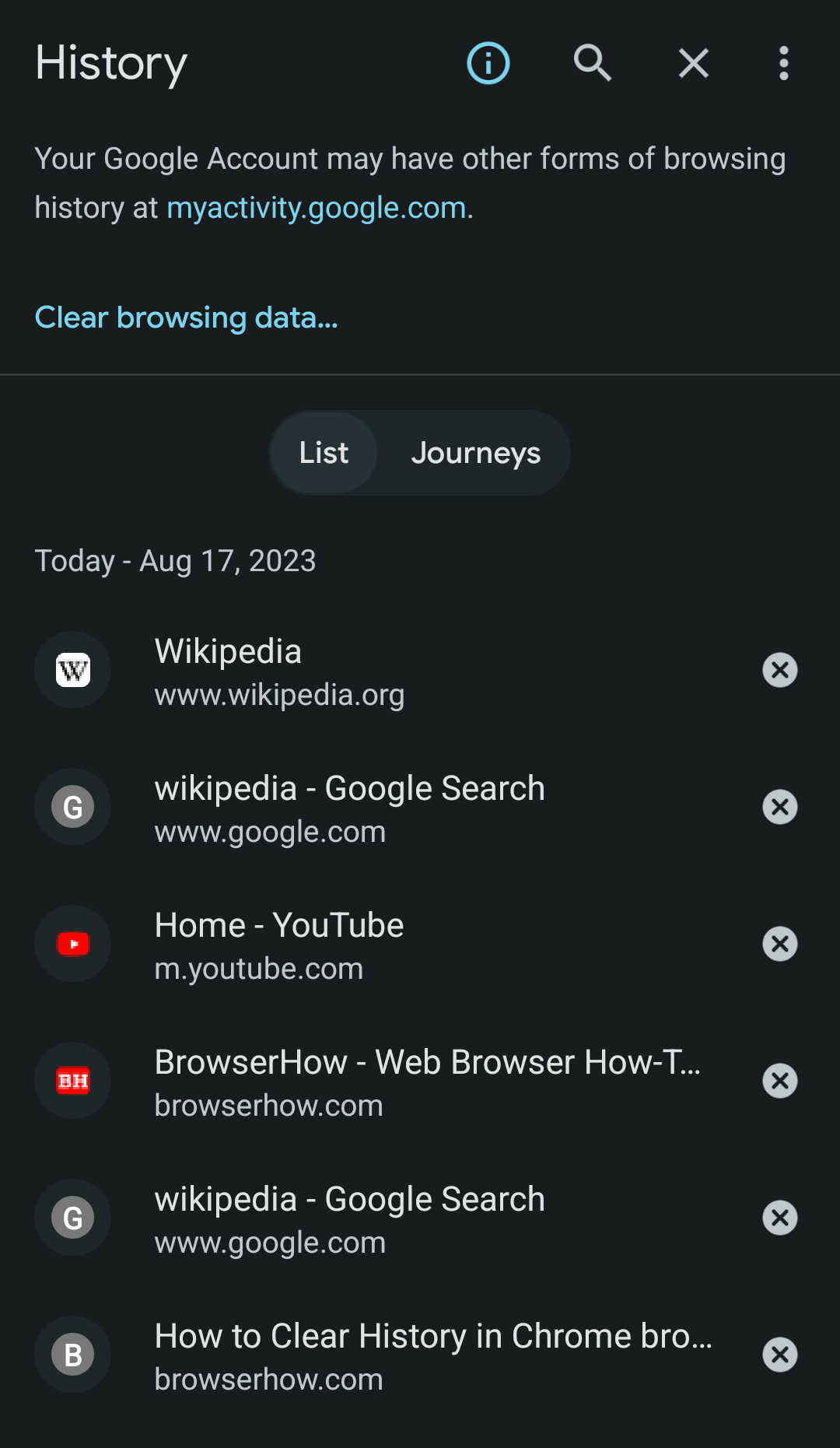 Browsing History Page in Chrome on Android