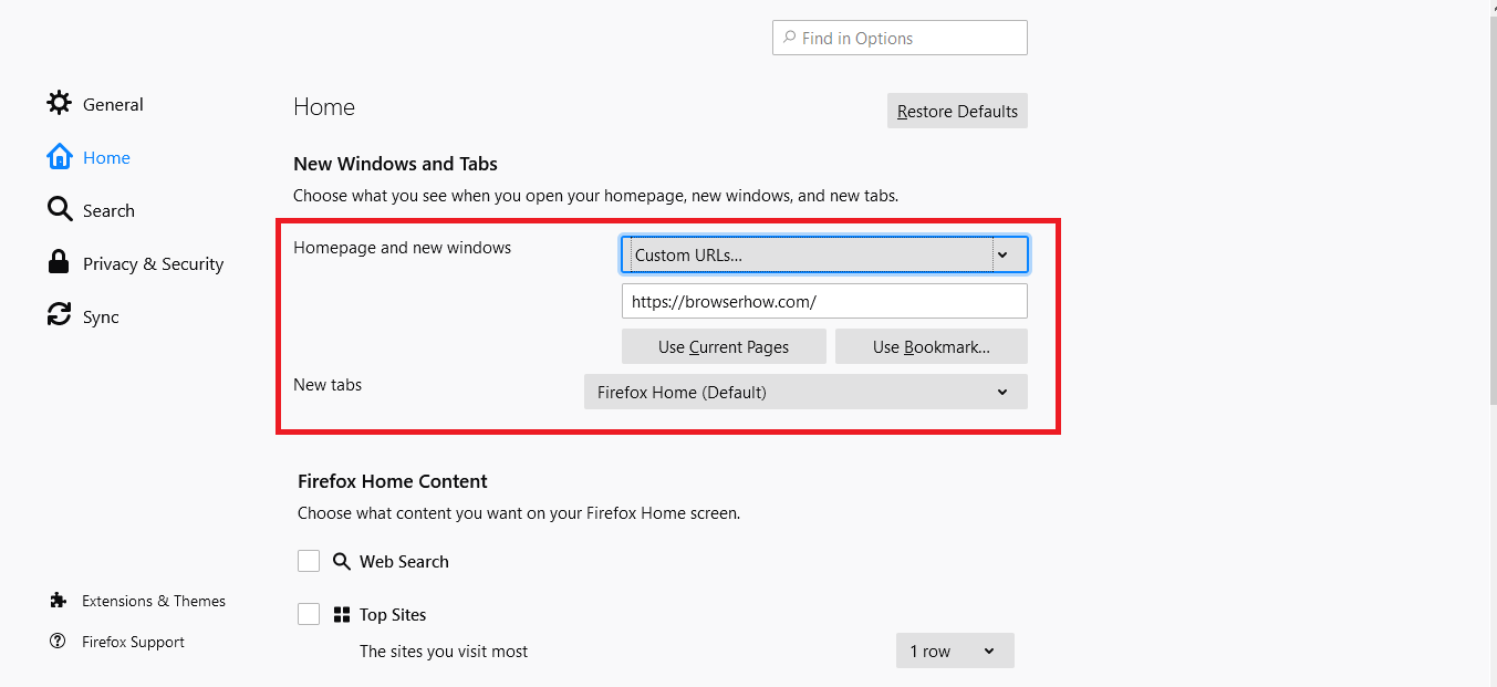 Change Firfox homepage using prefrences Menu