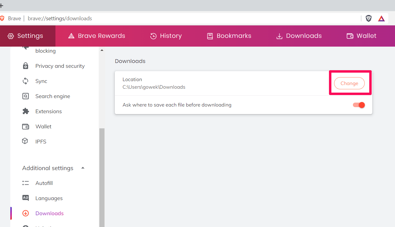 Change Download Folder Location in Brave Computer browser settings