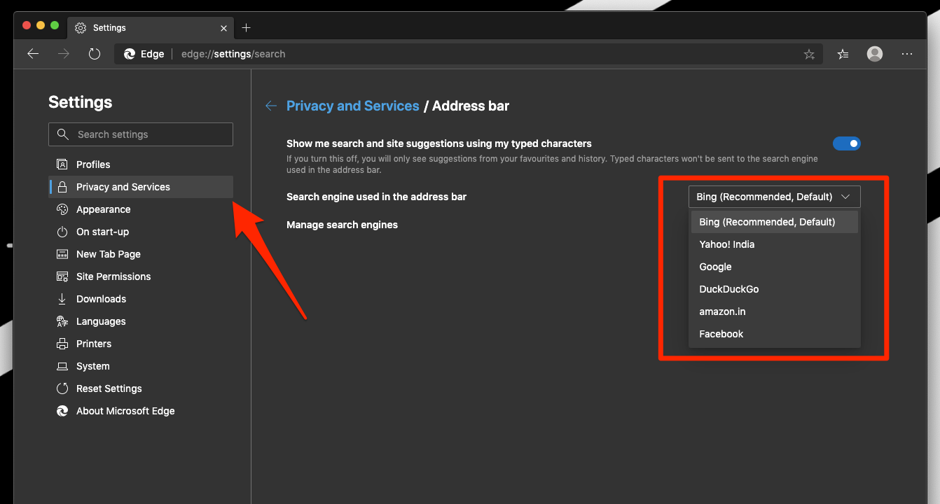 Change Search ENgine in Edge Computer Address Bar