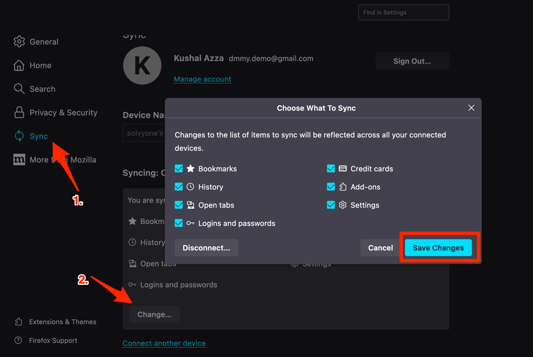 Change Sync Data Items from Firefox Settings on computer