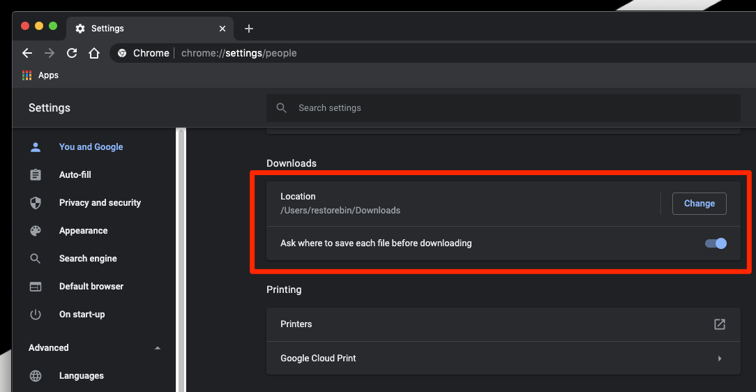 Change the Downloads location in chrome computer