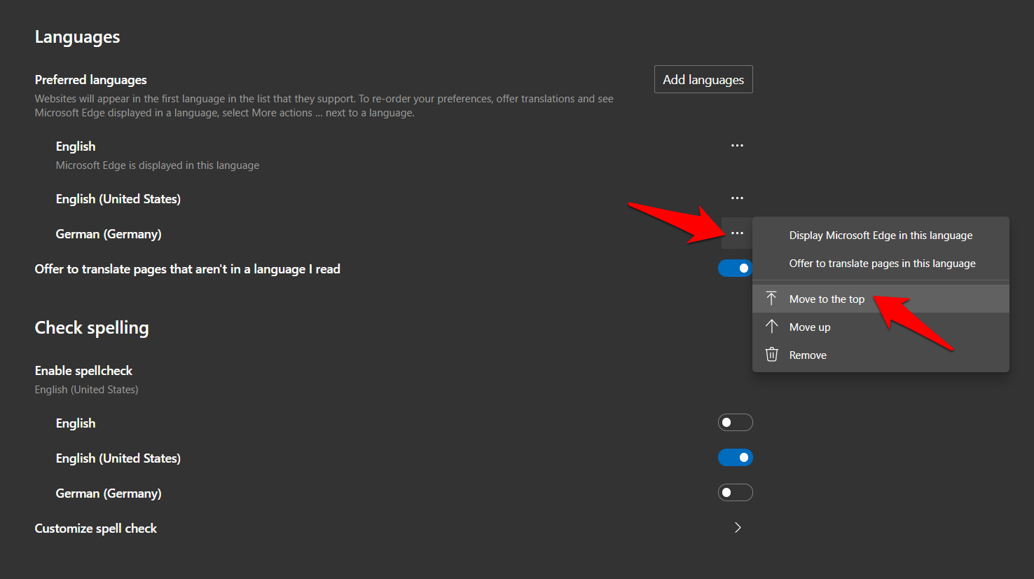 Choose Edge Language Preference in Language Settings