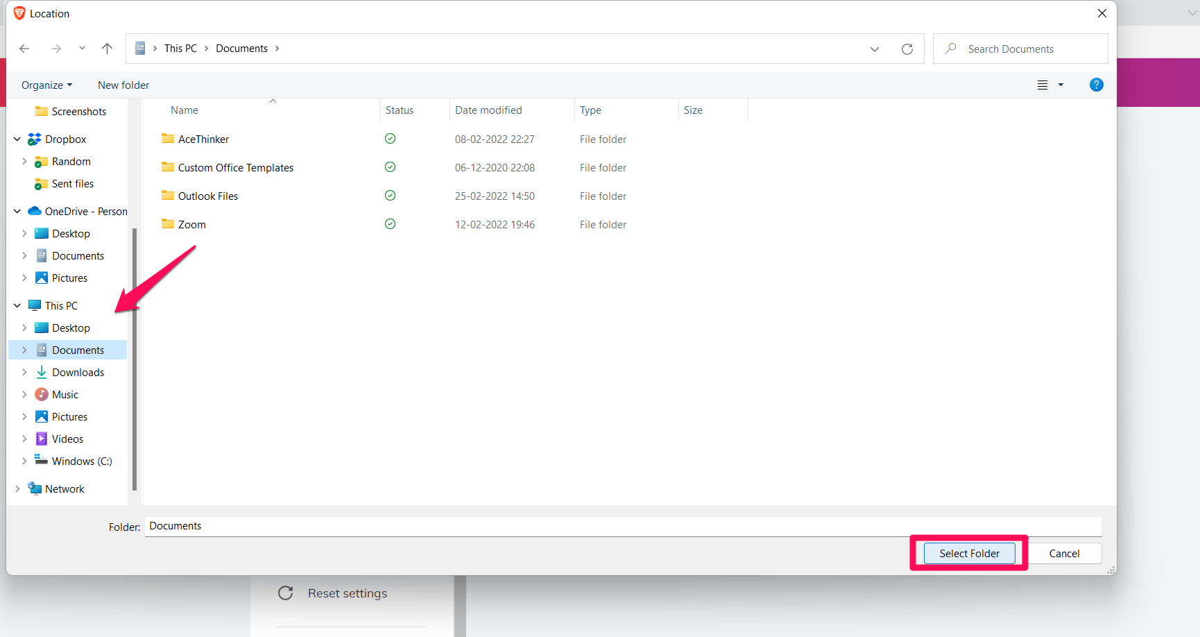 Choose drive and Select Folder for Download in Brave