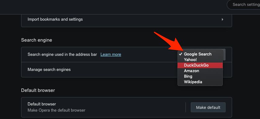 Choose new default search engine in Opera computer
