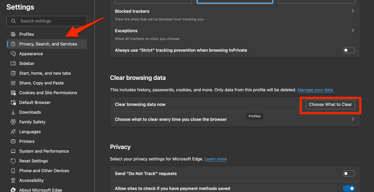 Choose What to Clear under Privacy Settings in Microsoft Edge computer