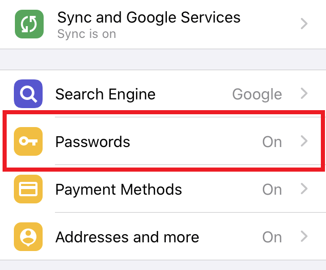 Chrome iPhone Passwords Settings ON