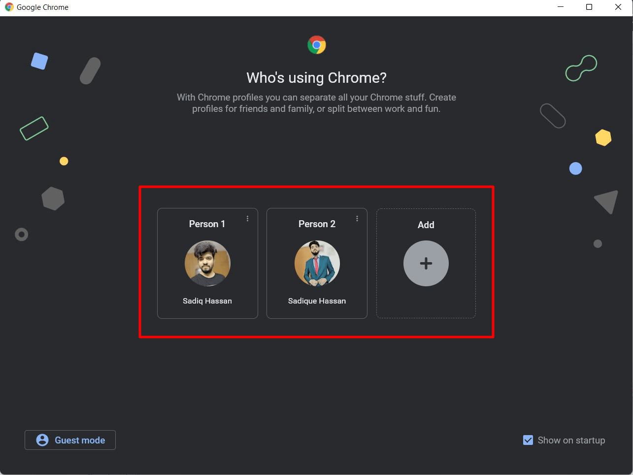 Chrome Profile Selector window at Startup