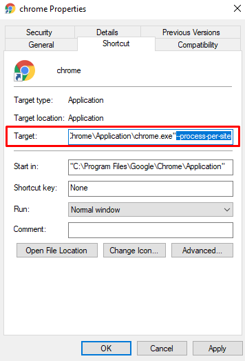 Chrome Properties Target Link Field