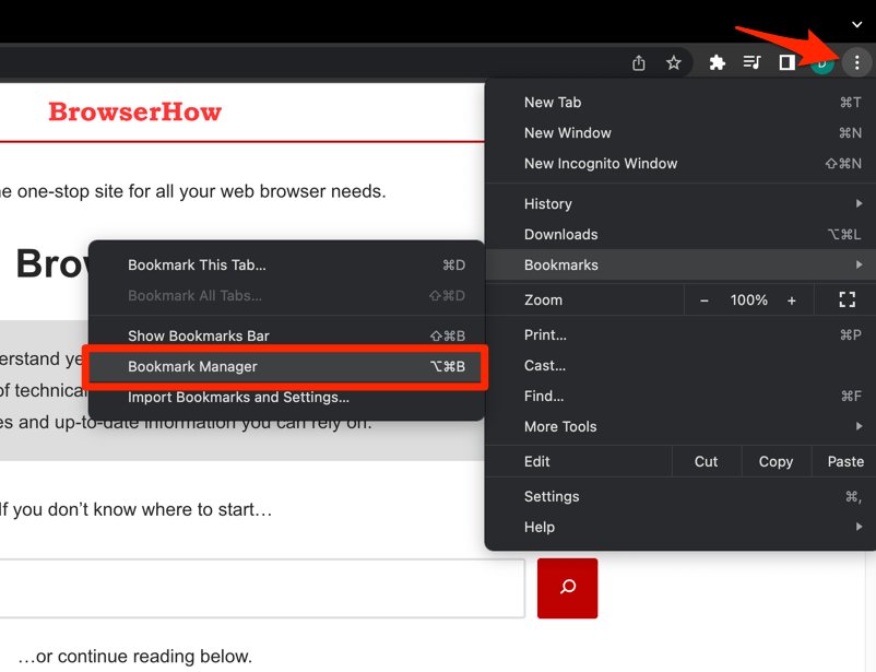 Chrome Bookmark Manager under Menu options