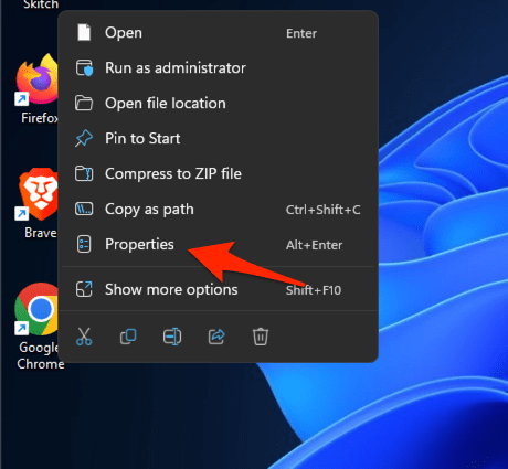 Chrome browser Properties context menu on Windows OS