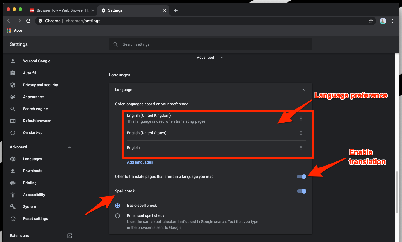 Chrome Computer Language Setting with Translation and Spell Check