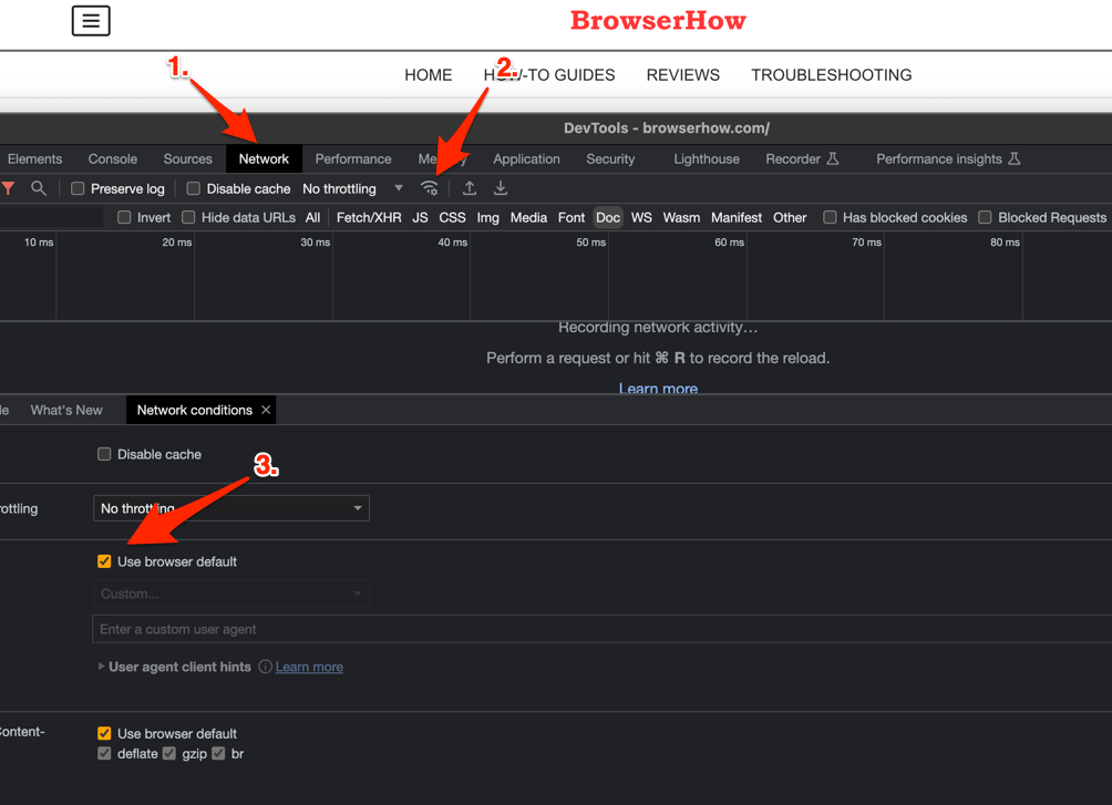 Chrome Developer Tools with Network tab and Network Settings