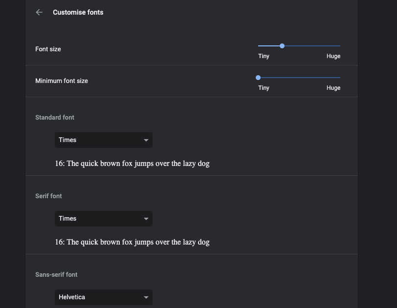 Chrome Settings Customise fonts in Computer